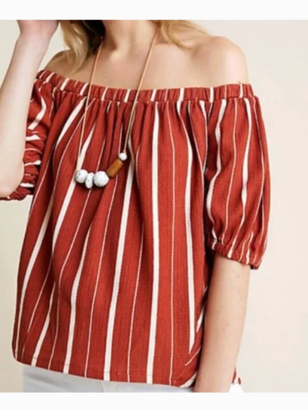 ANTHROPOLOGIE ANTHRO Elodie Off the Shoulder Top Terracotta Rust Red Stripe Boho